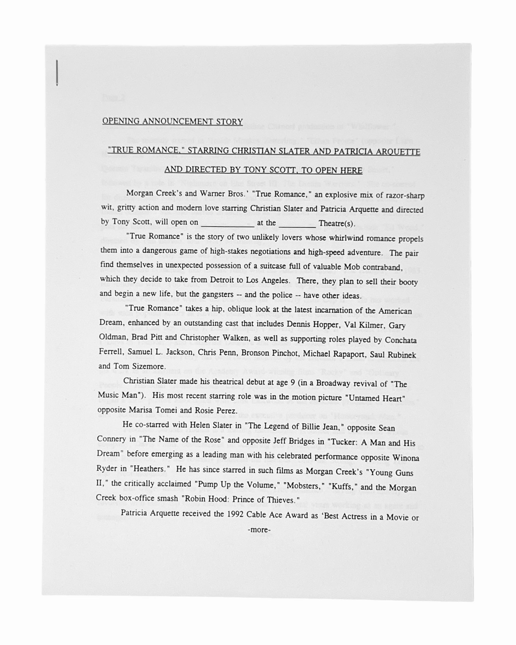 Vintage 1993 True Romance Press Kit