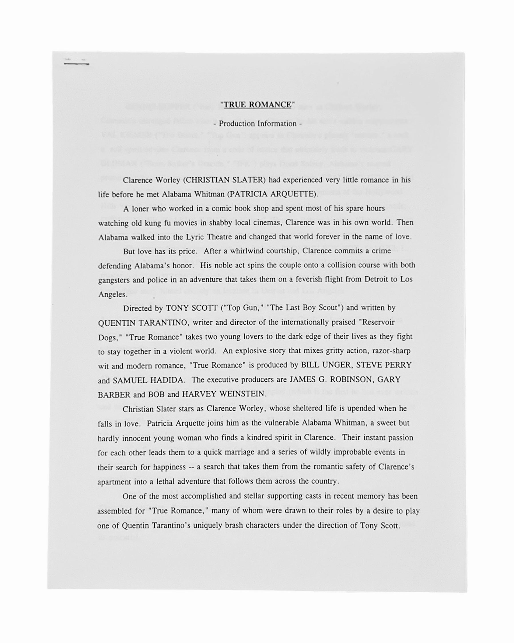 Vintage 1993 True Romance Press Kit