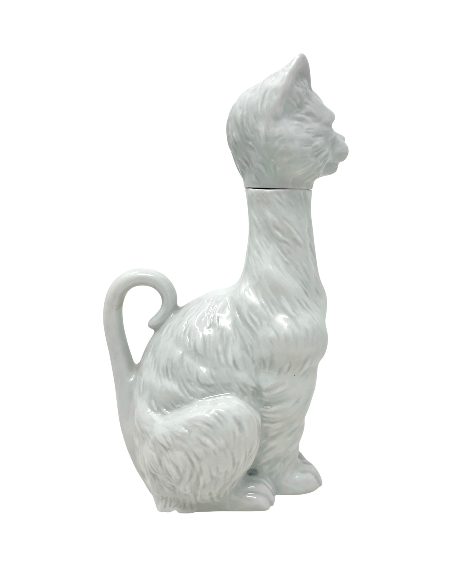 A white ceramic cat-shaped decanter with a textured fur pattern, shown from a side profile against a plain white background.