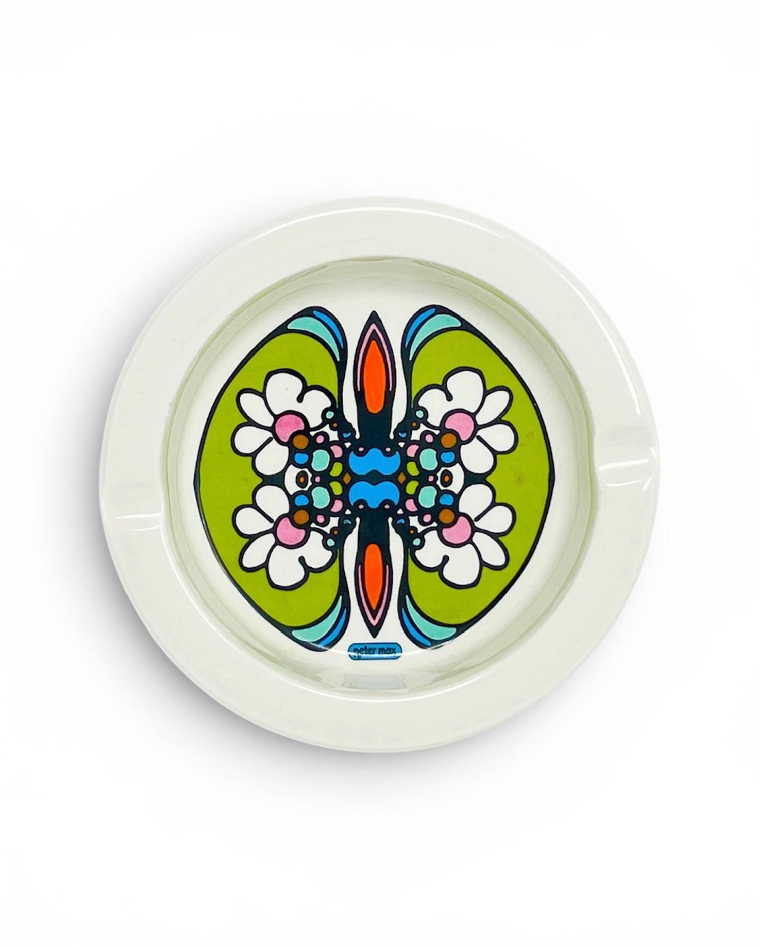 A round white ceramic ashtray featuring a colorful retro-style butterfly and floral design in the center, set against a plain white background.