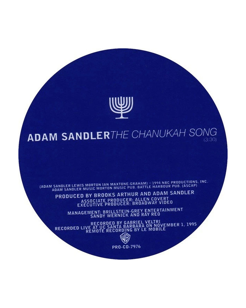 Round blue label with text and a menorah symbol, featuring Adam Sandler's 'The Chanukah Song'.