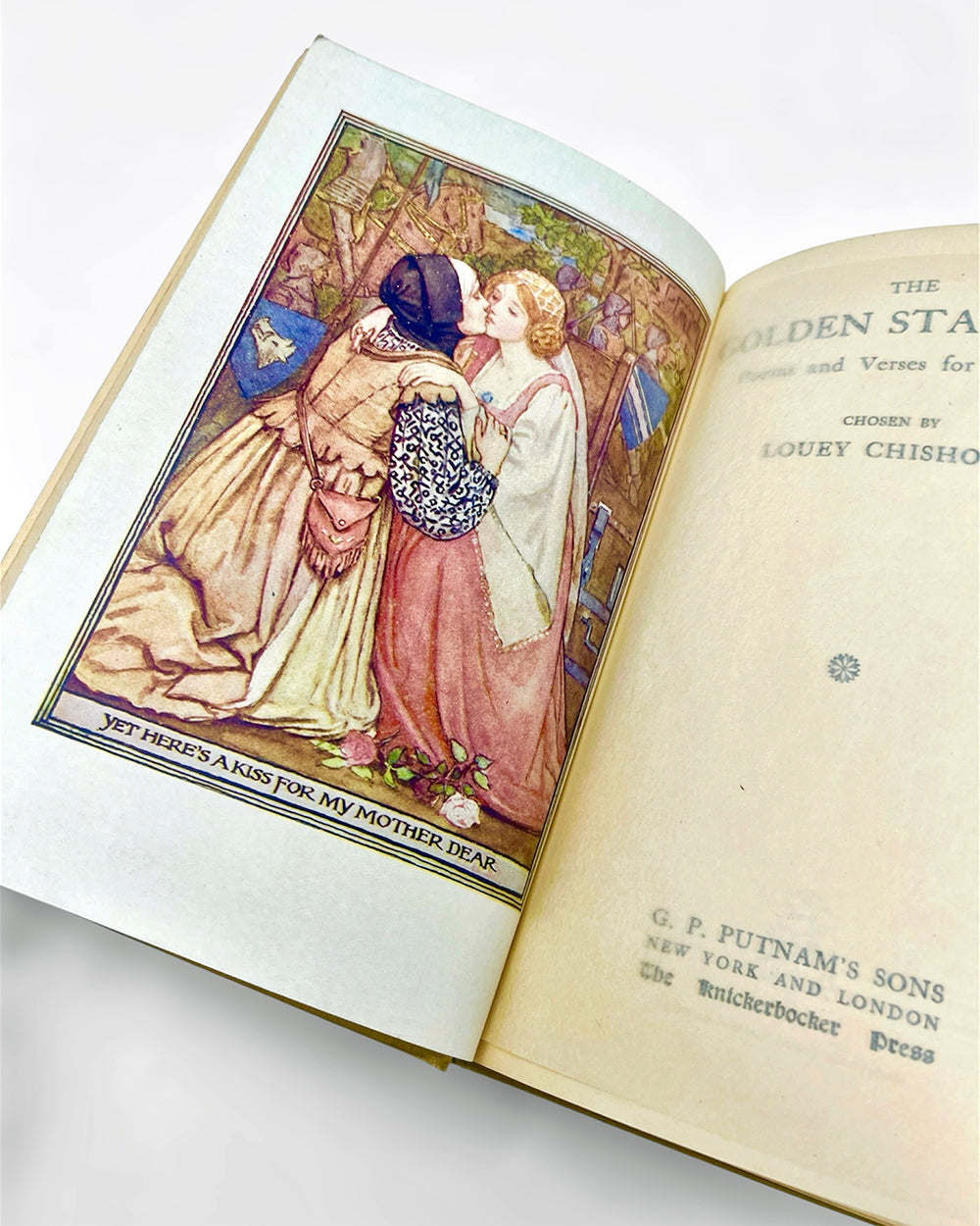 Interior art plate illustration in antique children's book (The Golden Staircase: Poems and Verses for Children, 1907) on white background