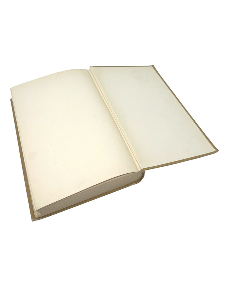 Open antique children's book displaying the inside back cover on a white background
