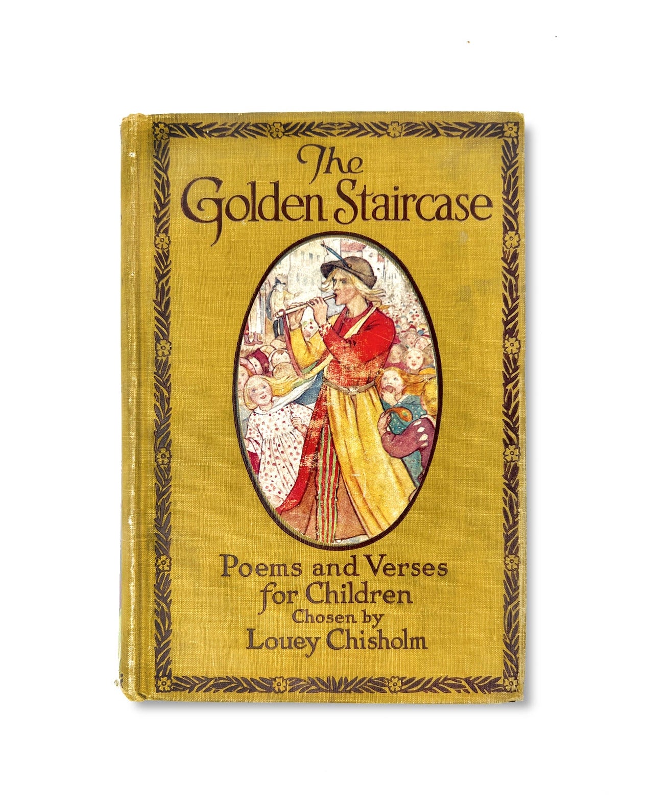 Antique book titled 'The Golden Staircase, Poems and Verses for Children' (1907) with decorative cover on a white background