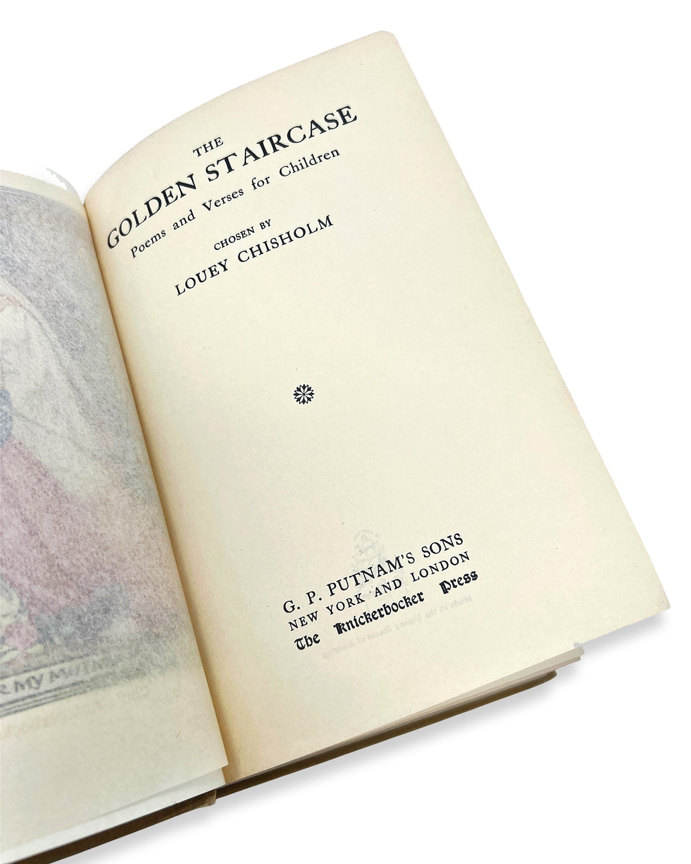 Interior title page of antique book (The Golden Staircase: Poems and Verses for Children, 1907) on white background.