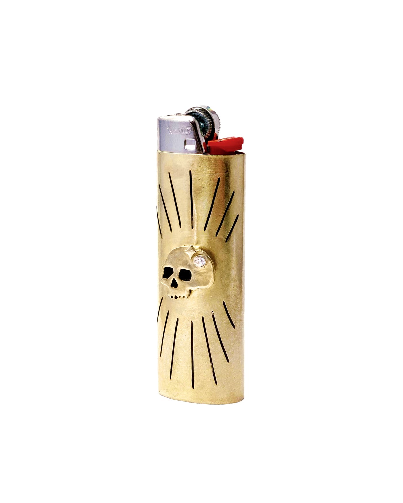 Skull Brass Lighter Case with White Topaz