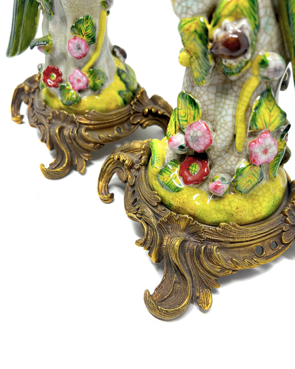 Parrot Porcelain Bronze Ormalu Candlesticks