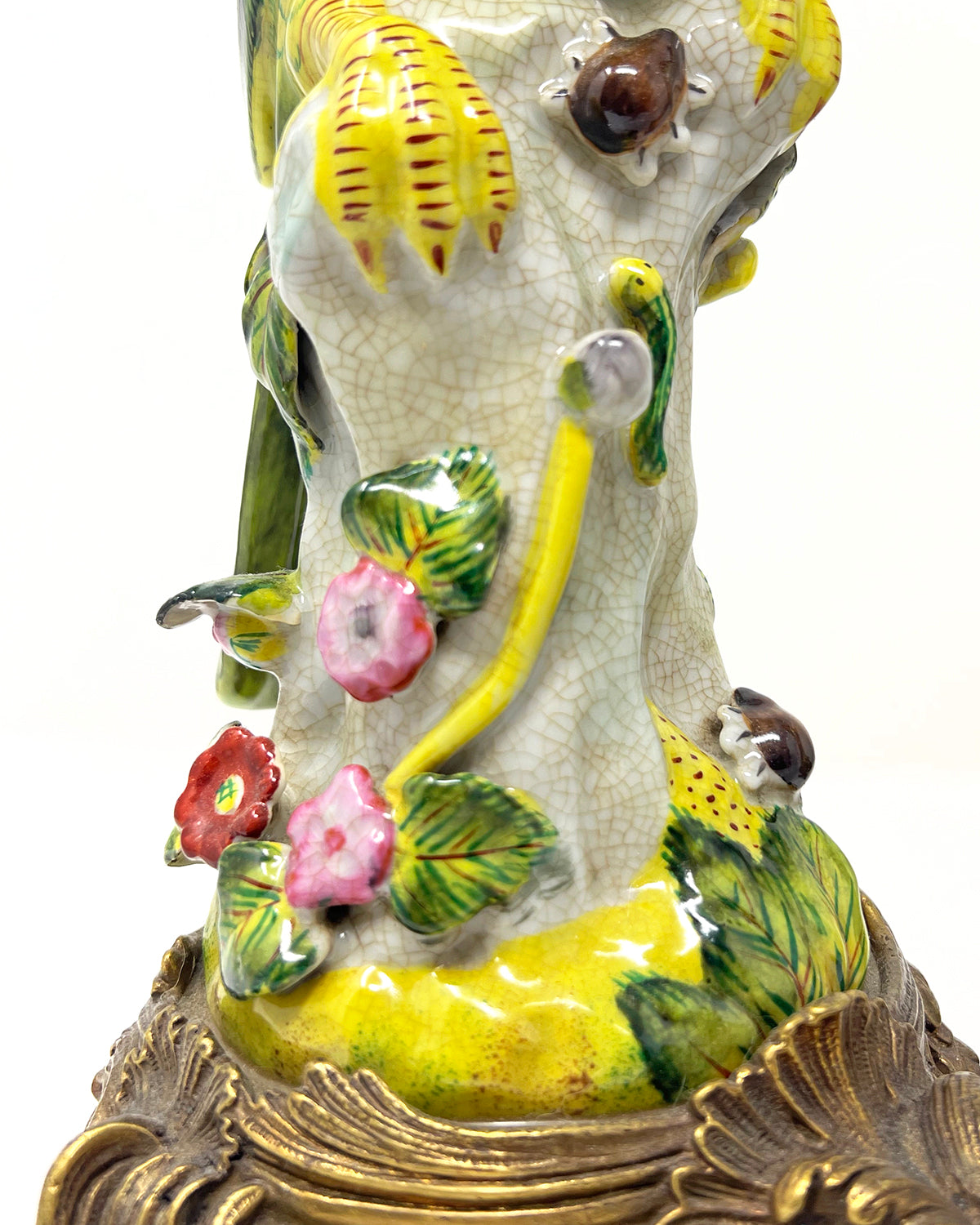 Parrot Porcelain Bronze Ormalu Candlesticks