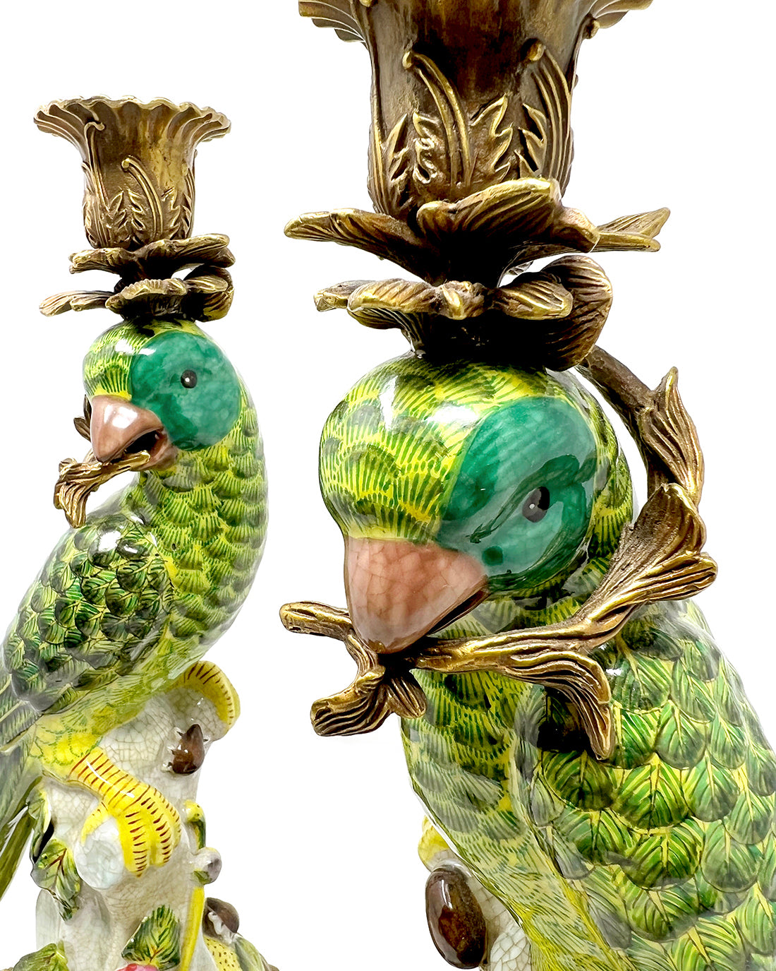 Parrot Porcelain Bronze Ormalu Candlesticks