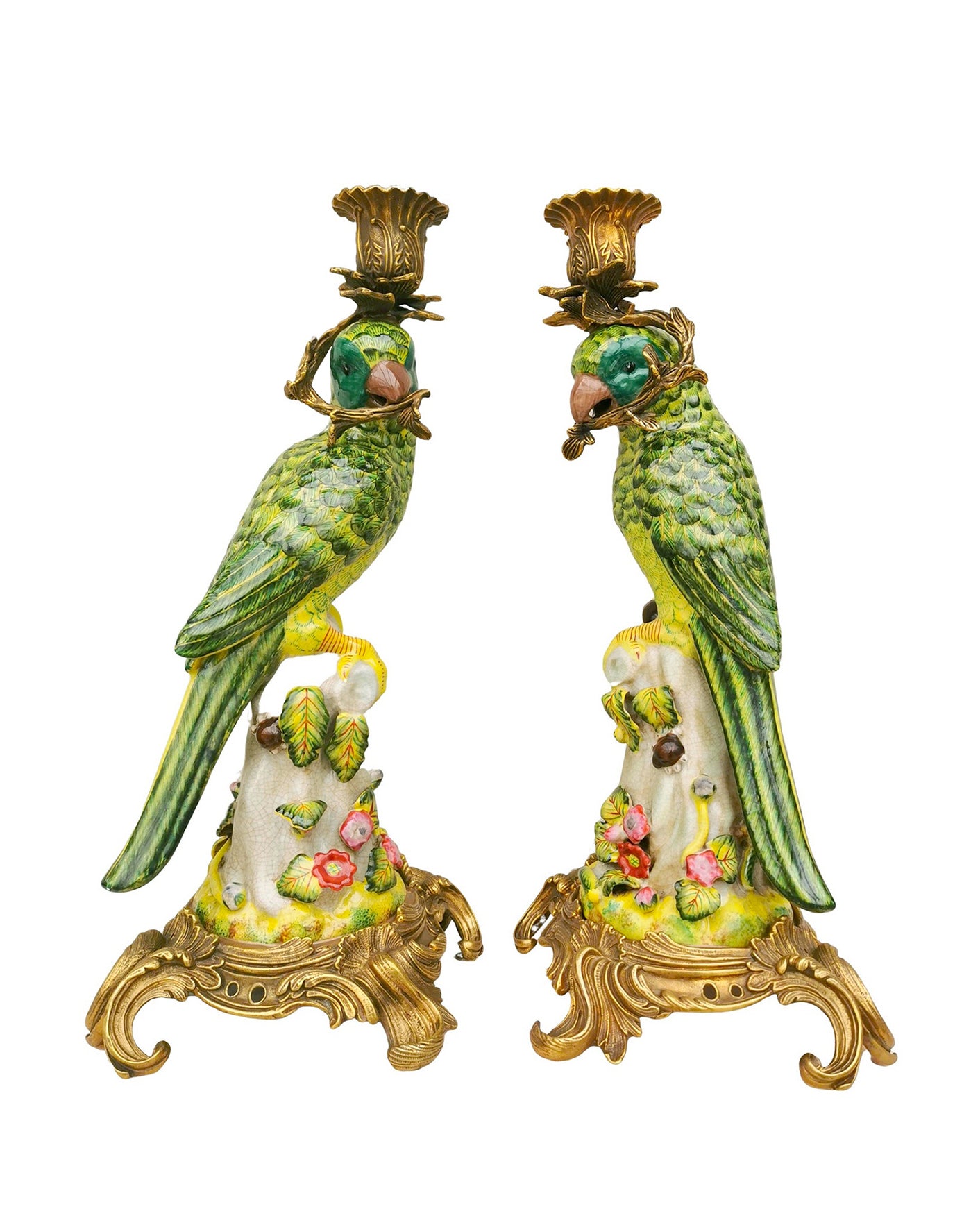Parrot Porcelain Bronze Ormalu Candlesticks