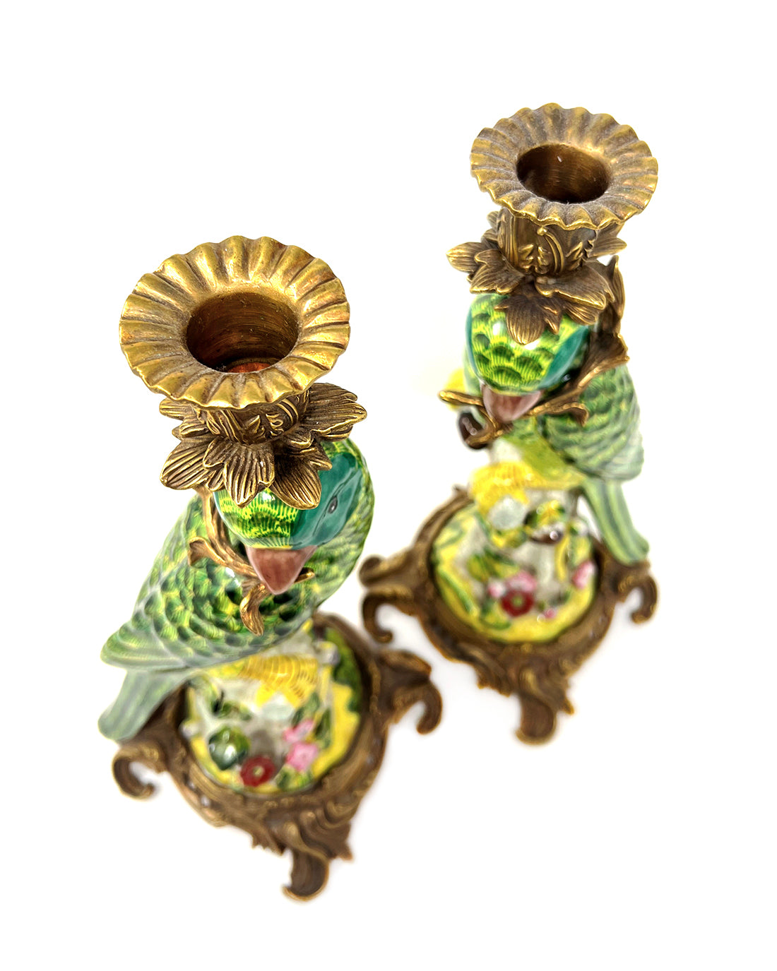 Parrot Porcelain Bronze Ormalu Candlesticks