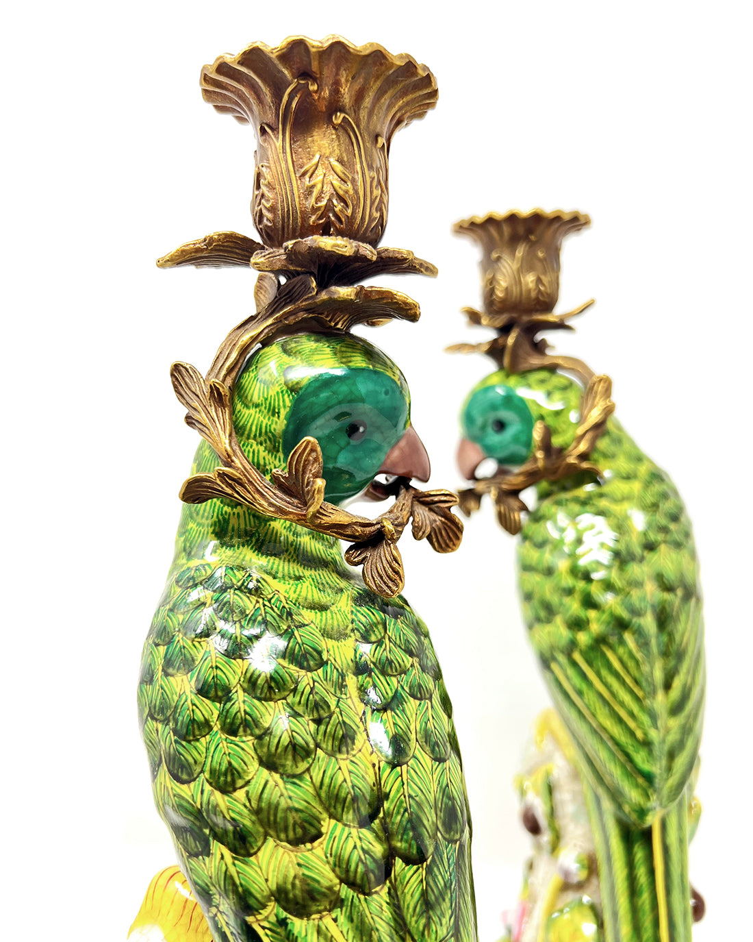 Parrot Porcelain Bronze Ormalu Candlesticks