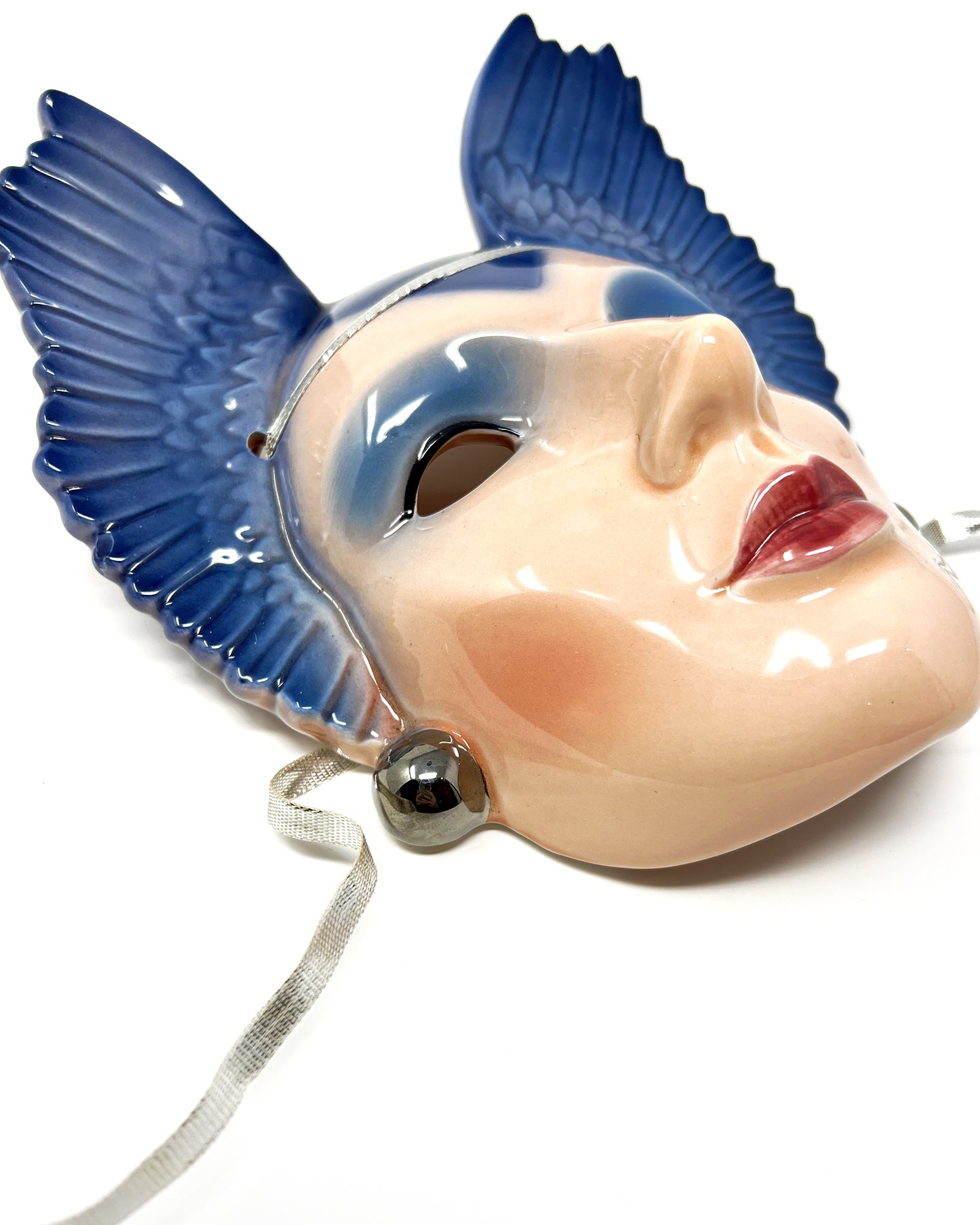 Vintage Hand-Painted Deco Blue Wings Wall Mask