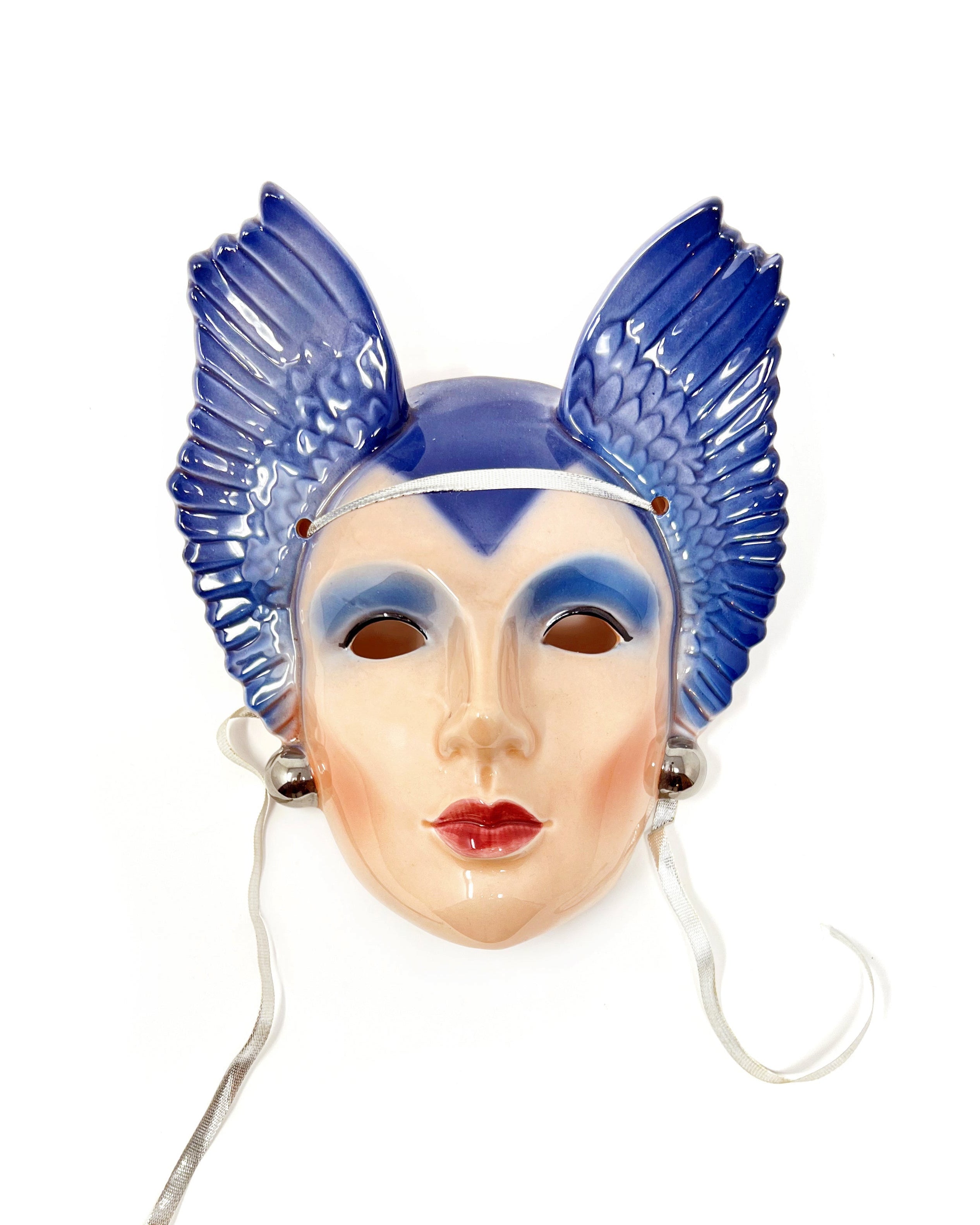Vintage Hand-Painted Deco Blue Wings Wall Mask